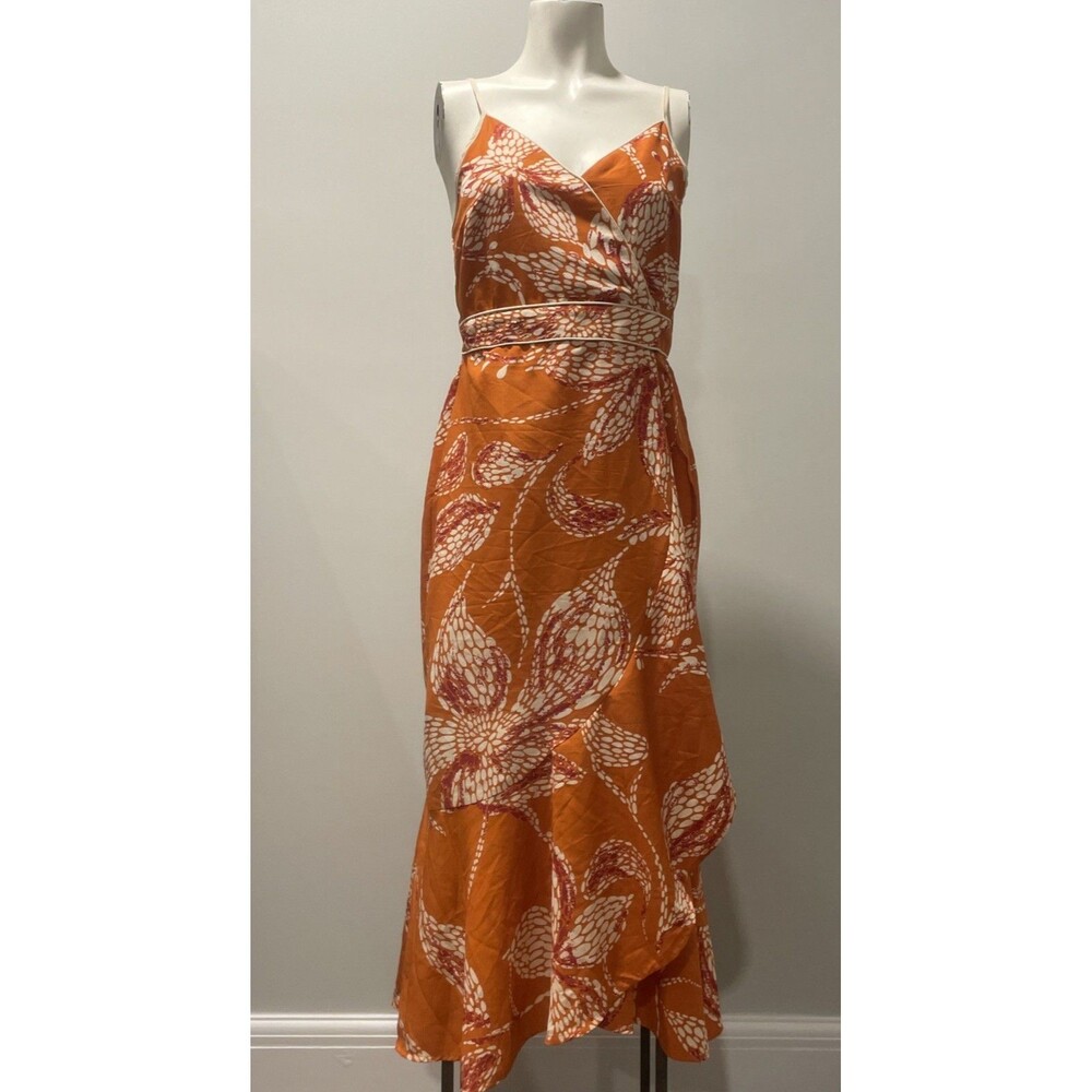 BAND OF THE FREE Women Medium Burnt Orange Maxi Sleeveless Faux Wrap Dress FUN!